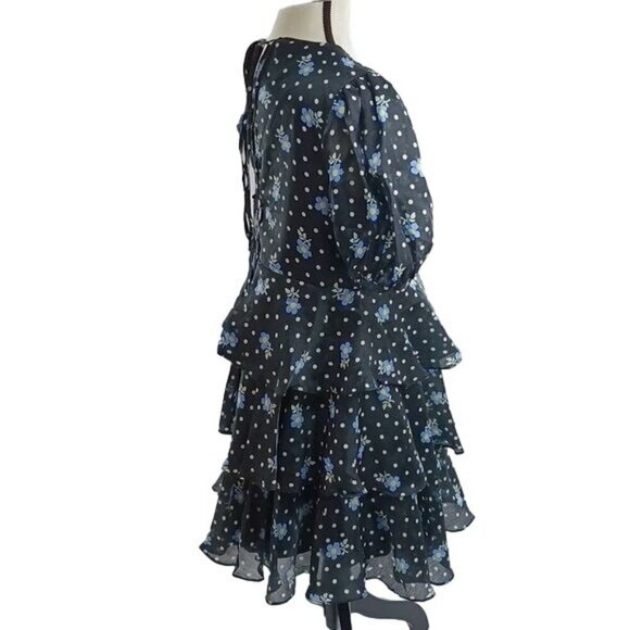 Sandy Liang Womens Size M Dress Black Floral Ruffle Tiered Puff Sleeve Mini - Picture 5 of 8